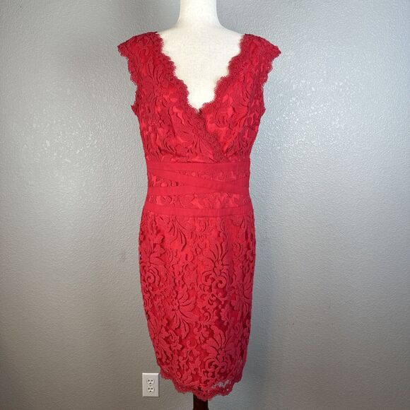 Tadashi Shoji Womens V-Neck Sheath Dress Size 12 Red Floral Embroidered Lace - Picture 1 of 8